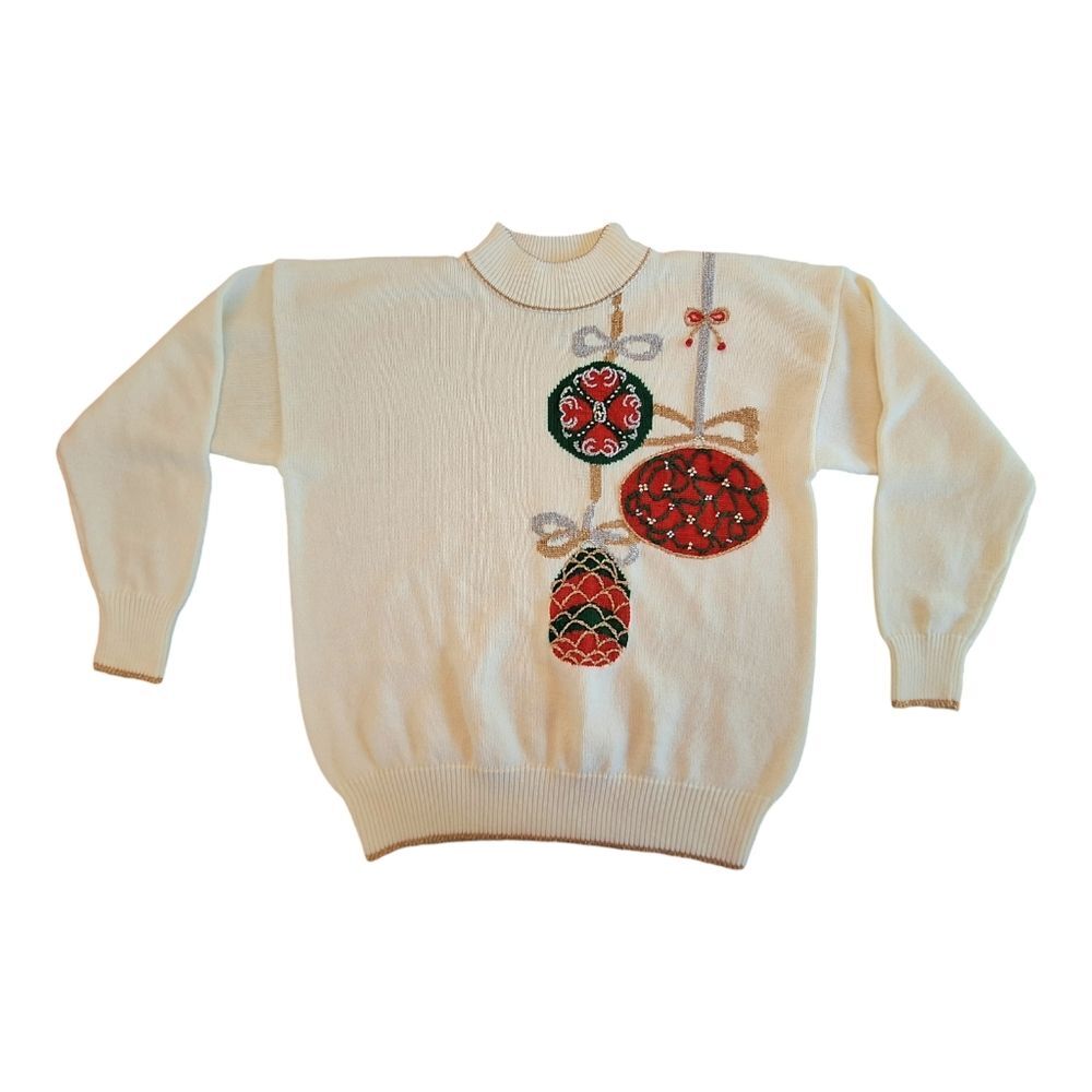 VTG Dana Scott Christmas Sweater Metallic Trim Ornaments Embellished Cream M